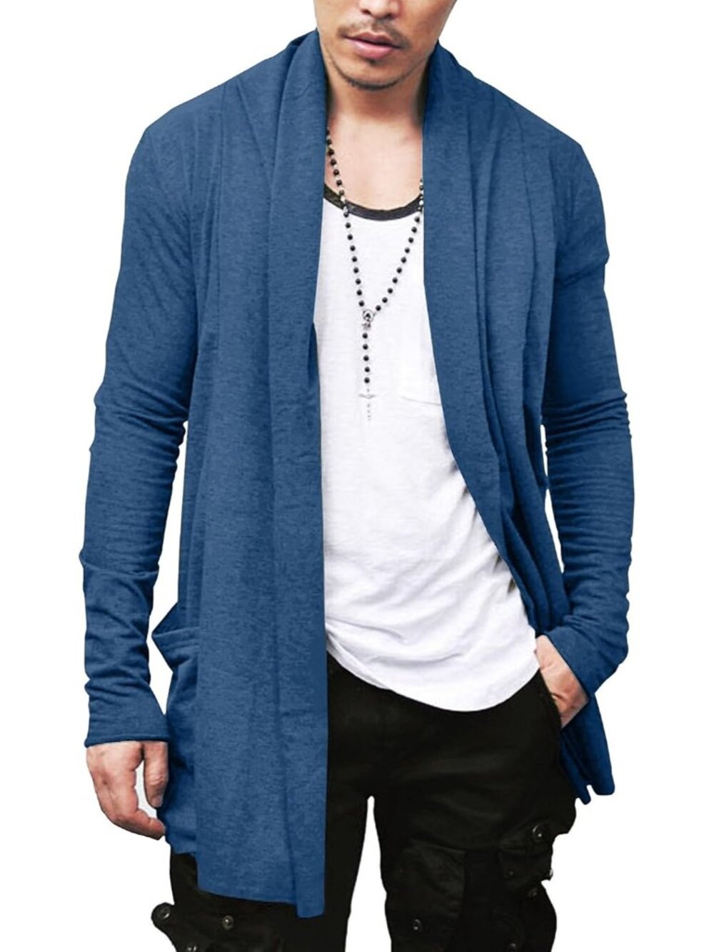 Men's Ruffle Shawl Collar Long Cardigan Open Front Light Sweaters